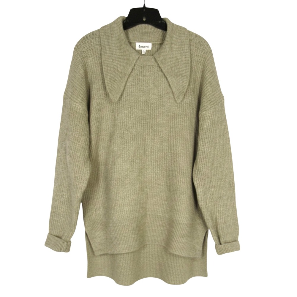 &MERCI Midweight RIBBED KNIT Green CREW NECK w/COLLAR High-Low SWEATER Sz L